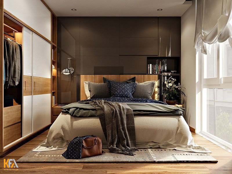 Thiết kế phòng ngủ nhỏ với màu trắng sám kết hơp với màu gỗ