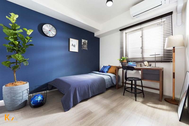 Mẫu thiết kế phòng ngủ nam cực kì đơn giản, hiện đại với tone màu xanh – trắng thể hiện sự tinh tế