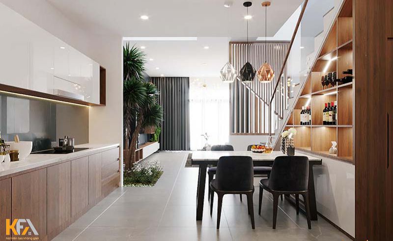 Nội thất phòng bếp được làm từ chất liệu gỗ cao cấp, hiện đại