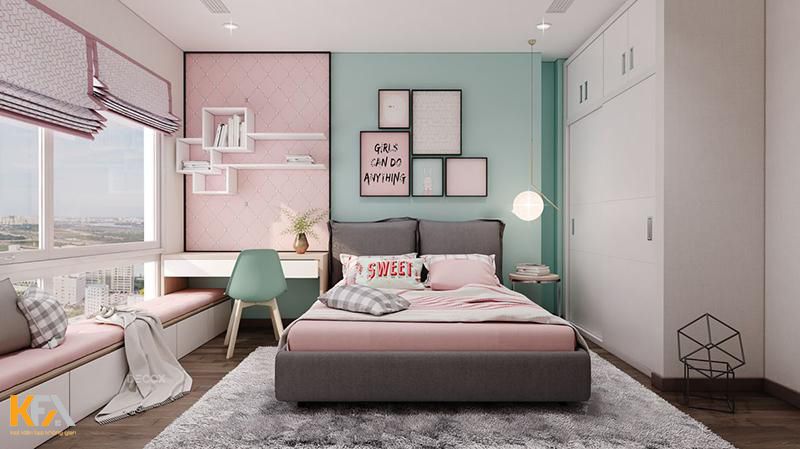 Thiết kế phòng ngủ bé gái năng động, cá tính với tông màu trắng kết hợp hồng và xanh pastel Thiết kế phòng ngủ bé gái năng động, cá tính với tông màu trắng kết hợp hồng và xanh pastel