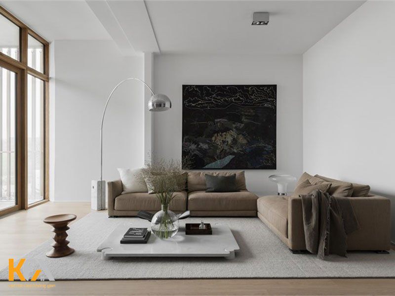 Phòng khách rộng rãi, thoáng mát với màu tường trắng và đồ nội thất căn hộ 90m2 tone trầm Phòng khách rộng rãi, thoáng mát với màu tường trắng và đồ nội thất căn hộ 90m2 tone trầm