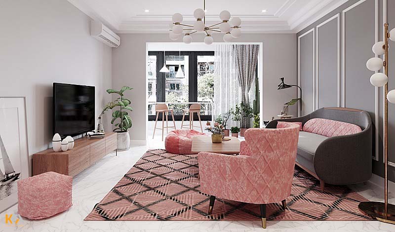 Thiết kế nội thất phòng khách nhà phố với gam màu hồng dịu dàng