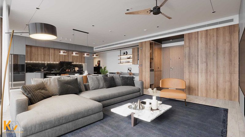 Phòng khách căn hộ 90m2 sử dụng tone màu trắng xám chủ đạo kết hợp vách ngăn gỗ Phòng khách căn hộ 90m2 sử dụng tone màu trắng xám chủ đạo kết hợp vách ngăn gỗ