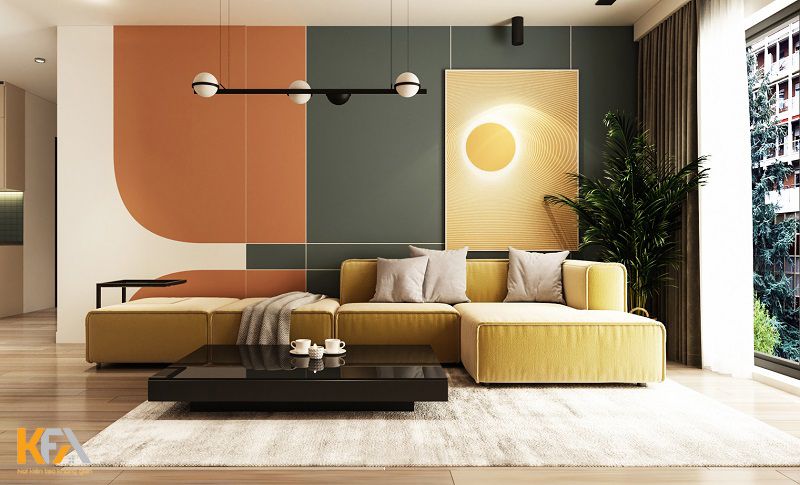 Thiết kế nội thất phòng khách trẻ trung với màu sắc nổi bật