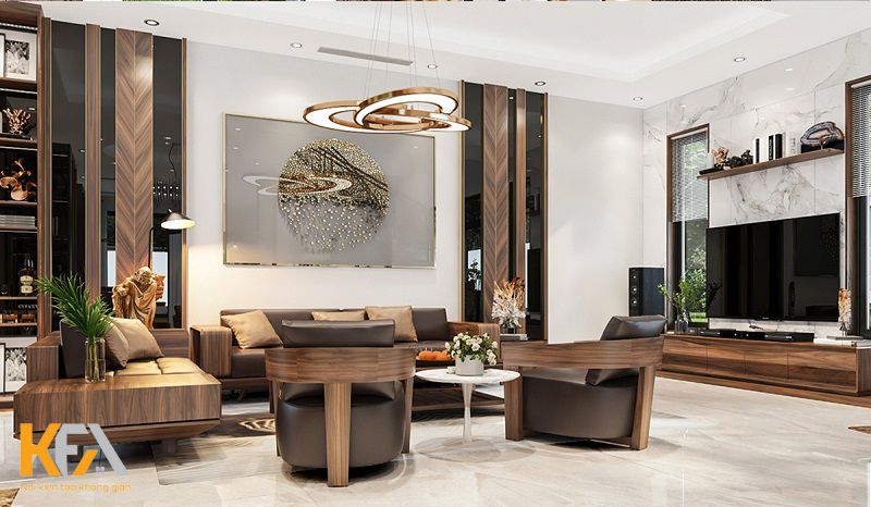 Toàn bộ nội thất trong phòng khách đều được làm từ gỗ óc chó đẳng cấp Toàn bộ nội thất trong phòng khách đều được làm từ gỗ óc chó đẳng cấp