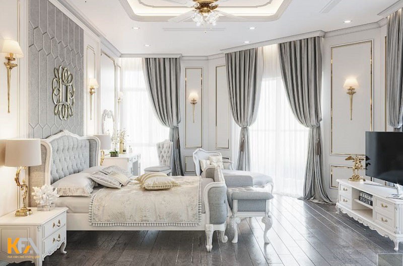 Phòng ngủ tân cổ điển với 2 cửa sổ lớn giúp không gian bừng sáng nhờ ánh sáng tự nhiên Phòng ngủ tân cổ điển với 2 cửa sổ lớn giúp không gian bừng sáng nhờ ánh sáng tự nhiên