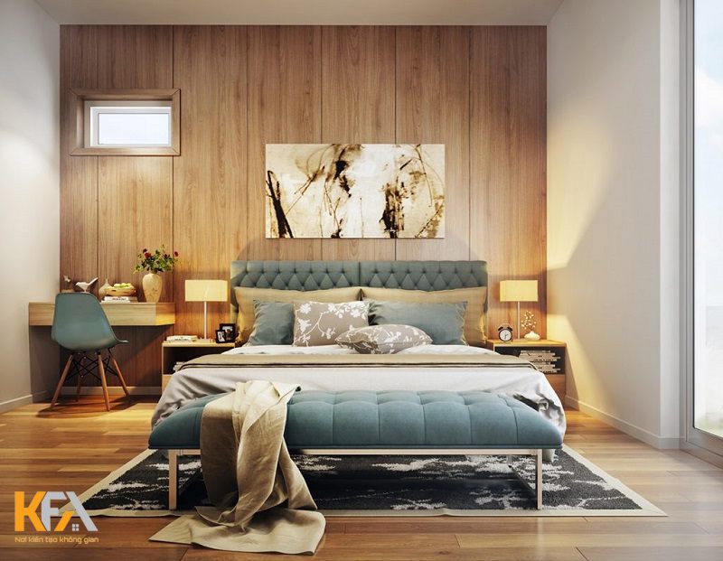 Khoảng tường và sàn ốp gỗ kết hợp với đồ đồ nội thất sang trọng tạo nên một không gian nghỉ ngơi hoàn hảo