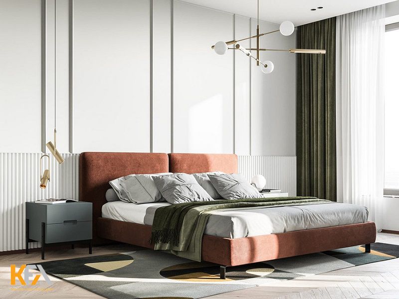 Phòng ngủ căn hộ 90m2 nổi bật với chiếc giường màu cam đất Phòng ngủ căn hộ 90m2 nổi bật với chiếc giường màu cam đất