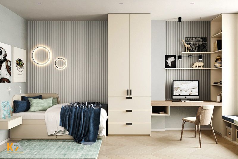 Phòng ngủ thiết kế đơn giản, tiện nghi cho bé trên 15 tuổi