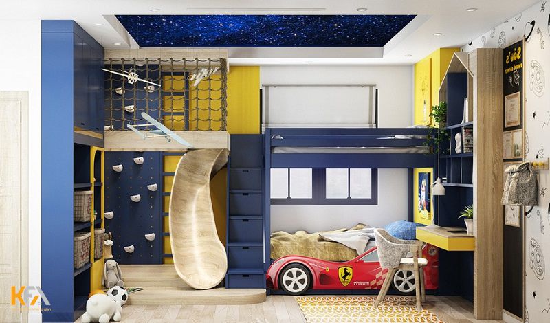 Phòng ngủ 10m2 dành cho bé trai được thiết kế chiếc giường ô tô độc đáo