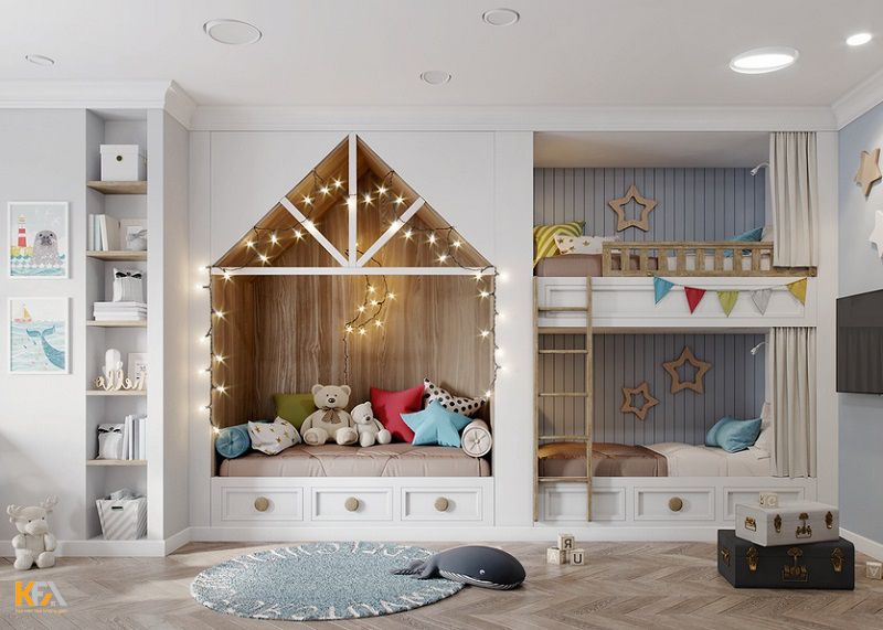Phòng ngủ bé trai với giường tầng được thiết kế đẹp mắt
