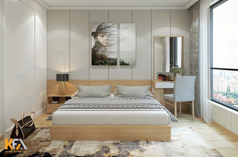 Phòng ngủ cũng được thiết kế đơn giản với điểm nhấn là bức tranh treo tường nghệ thuật Phòng ngủ cũng được thiết kế đơn giản với điểm nhấn là bức tranh treo tường nghệ thuật