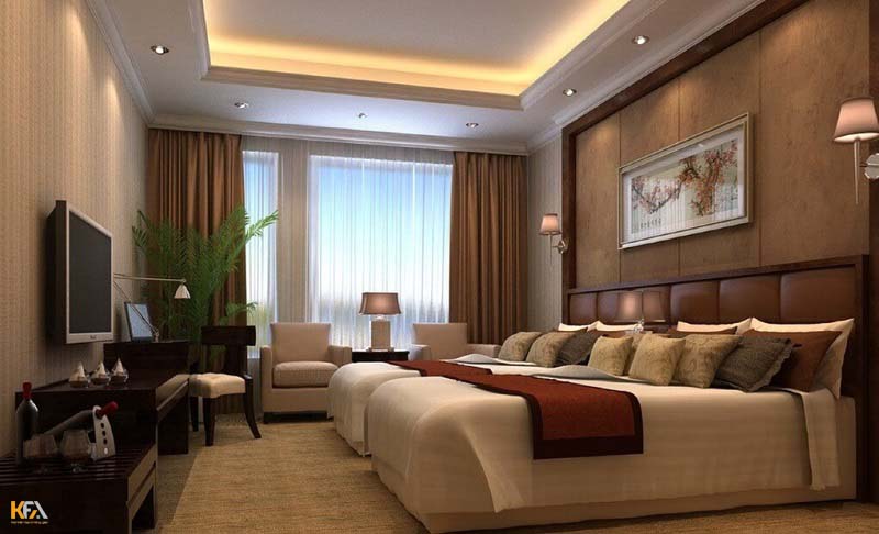 Phòng ngủ khách sạn 3 sao với gam màu trung tính nhẹ nhàng