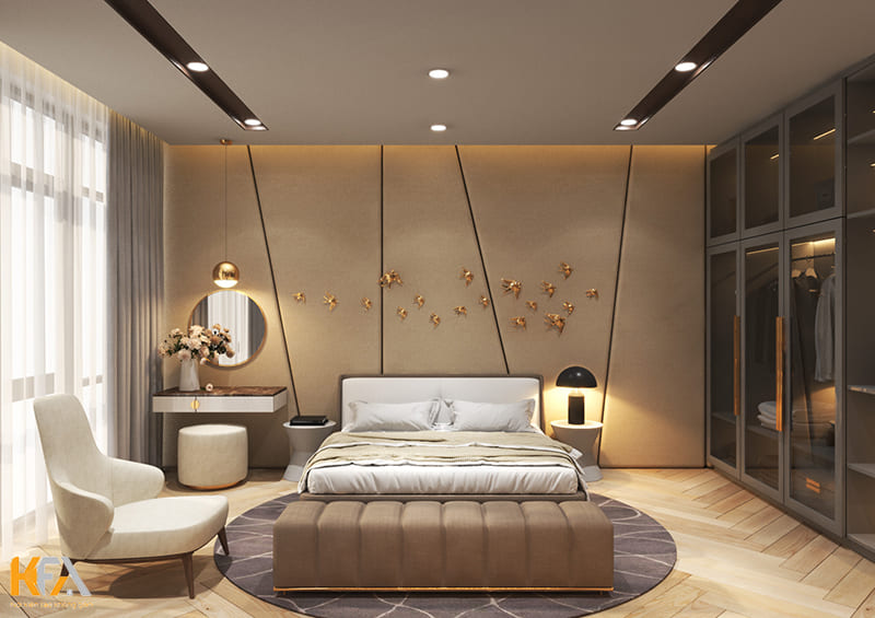 Mẫu trần thạch cao phẳng dành cho phòng ngủ với màu sắc trang trí nổi bật