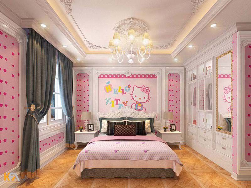Mẫu phòng ngủ tân cổ điển đơn giản dành cho các bé gái đầy nữ tính và ấn tượng