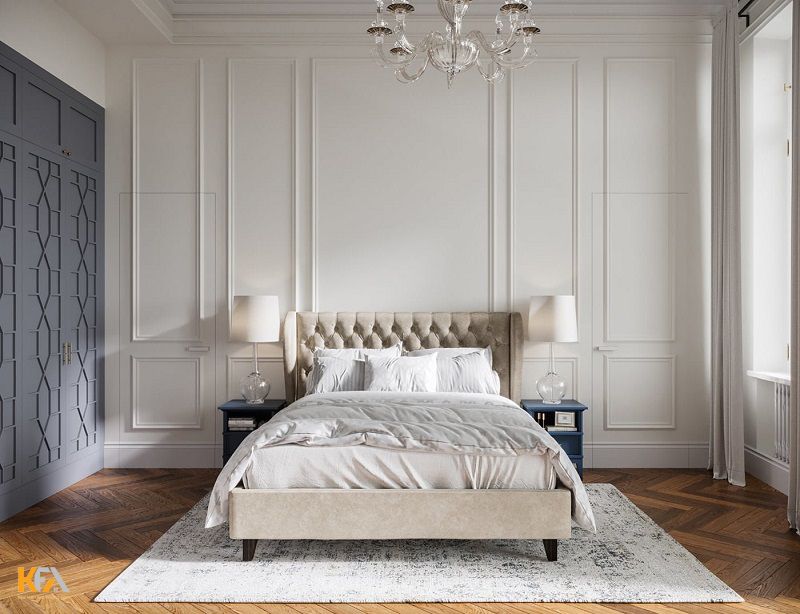 Với màu trắng sáng làm màu chủ đạo, căn phòng ngủ tân cổ điển này thu hút bởi chính vẻ đơn giản của nó