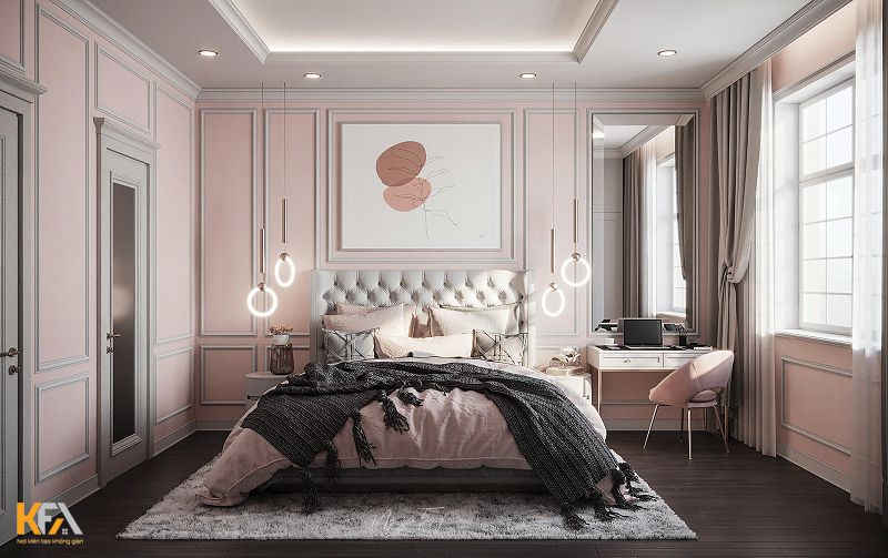 Chiếc giường ngủ màu hồng được xem là ý tưởng thiết kế nội thất phòng ngủ tân cổ điển nhẹ nhàng tinh tế 