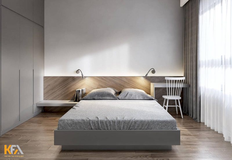Sàn gỗ màu nâu quý phái hòa quyện cùng màu trắng của bức tường và màu xám của giường ngủ