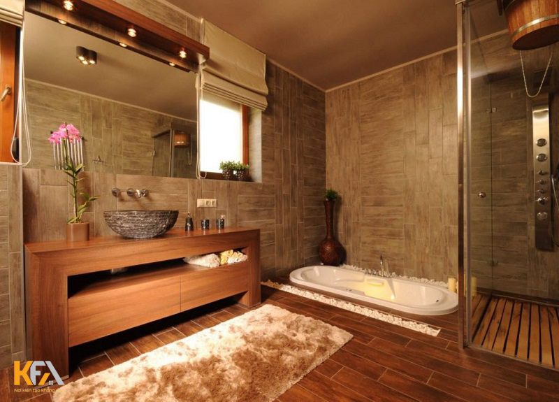 Phòng vệ sinh được làm từ gỗ óc chó hiện đại