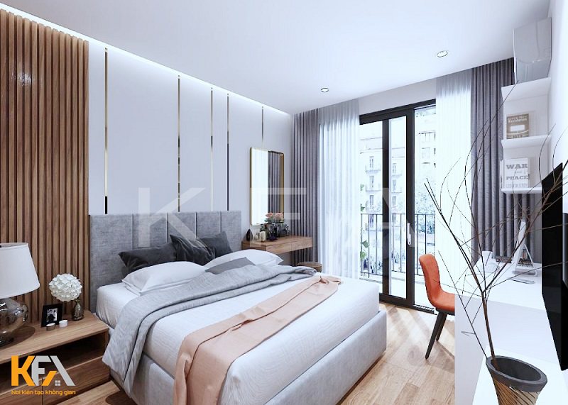 Chiếc giường ngủ bọc nỉ độc đáo được đặt gần cửa sổ tạo cảm giác thông thoáng Chiếc giường ngủ bọc nỉ độc đáo được đặt gần cửa sổ tạo cảm giác thông thoáng
