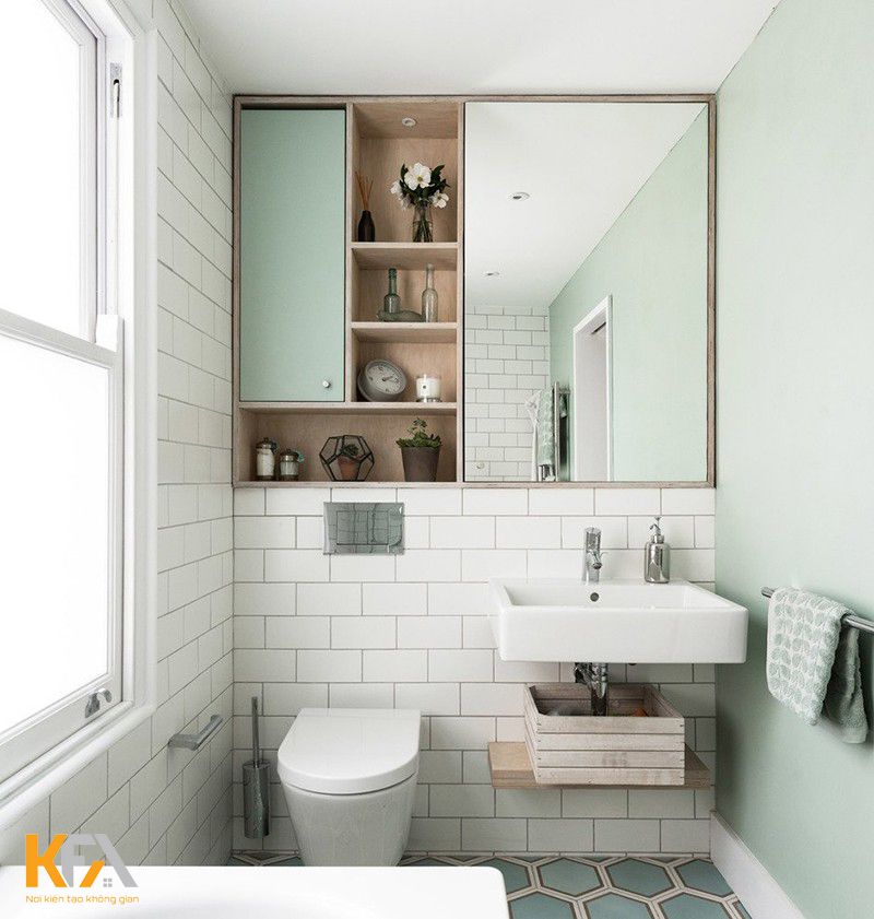 Phòng vệ sinh được thiết kế tủ kệ nhỏ giúp gia chủ thuận tiện trong việc cất đồ và trưng bày đồ trang trí