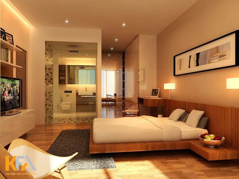 Phòng ngủ chung cư 90m2 nhỏ với các tủ, kệ được thiết kế gắn tường Phòng ngủ chung cư 90m2 nhỏ với các tủ, kệ được thiết kế gắn tường