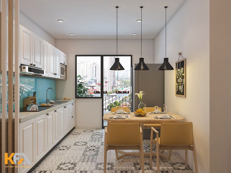 Thiết kế phòng bếp liền phòng ăn được xem là giải pháp bố trí khoa học cho căn hộ diện tích 62m2