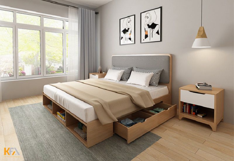 Căn phòng ngủ cho vợ chồng trẻ được sử dụng chiếc giường ngủ đa năng, kết hợp ngăn kéo đựng đồ