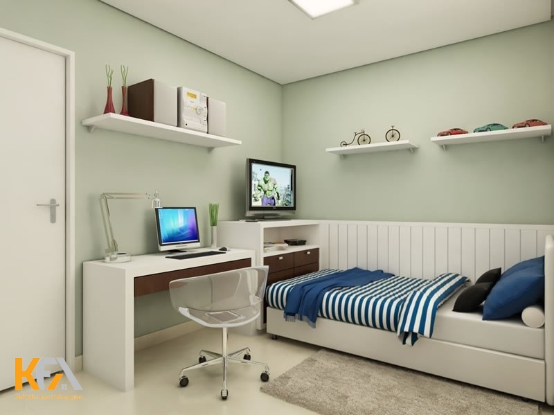 Phòng ngủ nhỏ được bày trí những món đồ nội thất nhỏ gọn, đa năng