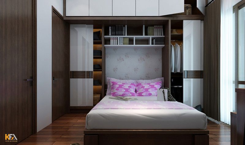 Căn phòng ngủ tiện nghi với chiếc kệ sách được thiết kế phía trên đầu giường