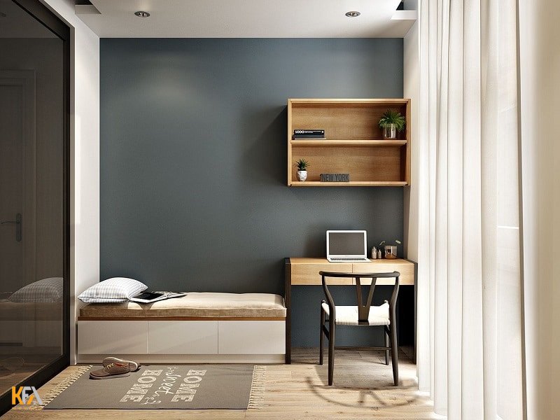 Bạn có thể thêm các kệ gỗ có màu tương phản với màu bưc tường để tạo thêm phần sang trọng cho căn phòng