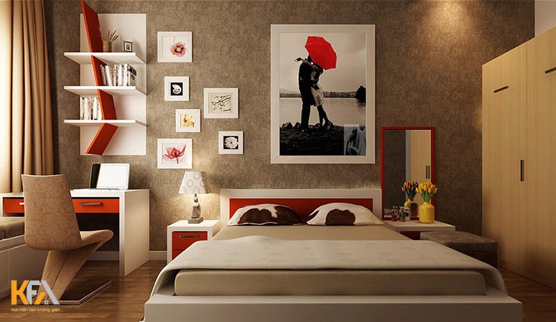 Phòng ngủ 10m2 dành cho vợ chồng trẻ với gam màu đỏ - trắng - kem lãng mạn