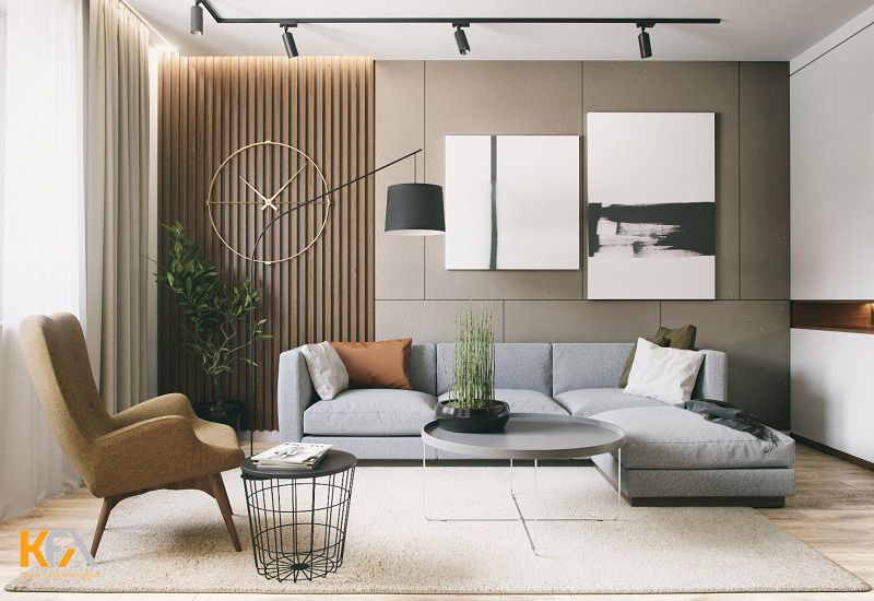Thiết kế phòng khách chung cư với nội thất phong cách tối giản, hơi hướng hiện đại