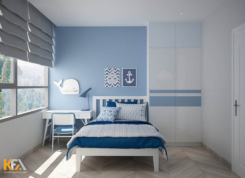 Phòng ngủ bình dân cho bé trai gam màu xanh pastel tươi mát