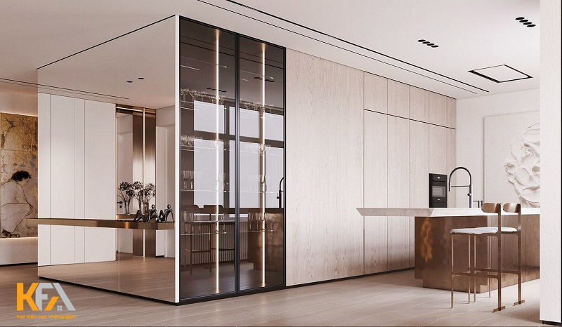 Không gian phòng bếp được thiết kế tủ đựng rượu vô cùng sang trọng và độc đáo
