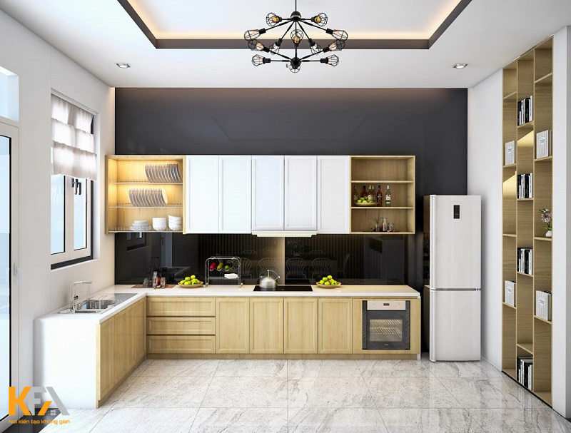 Phòng bếp được thiết kế tủ bếp hình chữ L với nội thất gỗ công nghiệp Phòng bếp được thiết kế tủ bếp hình chữ L với nội thất gỗ công nghiệp