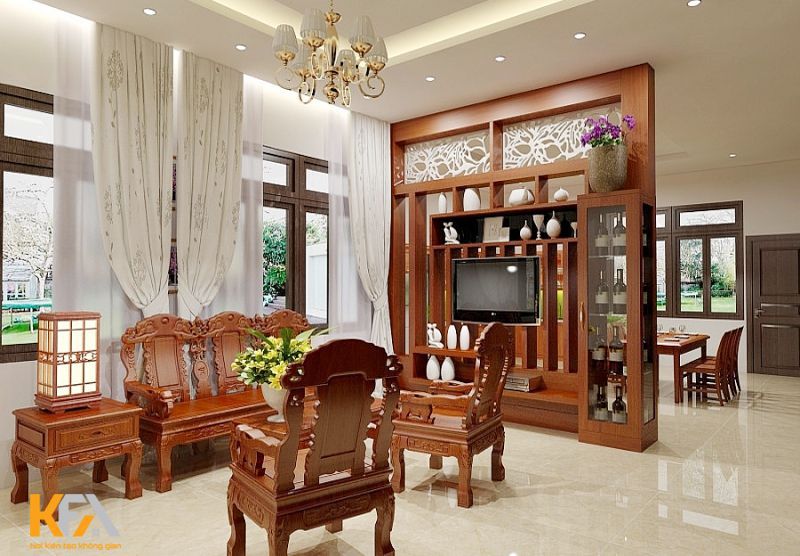 Toàn bộ nội thất trong phòng khách đều được làm từ gỗ công nghiệp hiện đại
