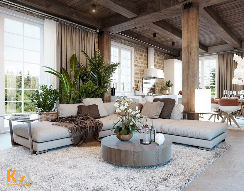 Đồ nội thất theo Rustic Style rất tinh giản nhưng luôn tạo được điểm nhấn cho không gian phòng khách
