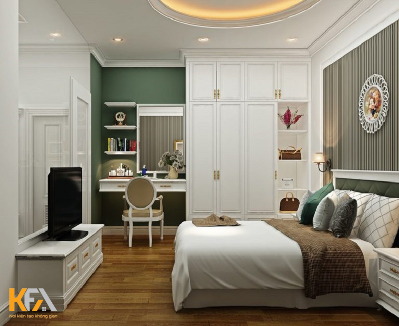 Phòng ngủ sử dụng gam màu trắng kết hợp mảng tường nhỏ màu xanh mang đến cảm giác thoáng rộng Phòng ngủ sử dụng gam màu trắng kết hợp mảng tường nhỏ màu xanh mang đến cảm giác thoáng rộng