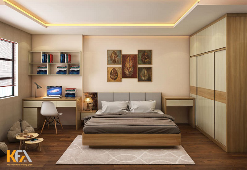 Nội thất phòng ngủ cô chú cũng được thiết kế bằng gỗ công nghiệp với gam màu ấm cúng, trang nhã
