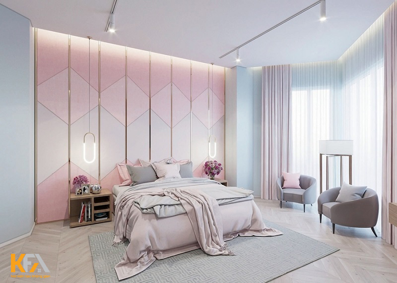 Phòng ngủ màu hồng sang trọng với sự pha trộn giữa gam màu hồng pastel và xanh dươn