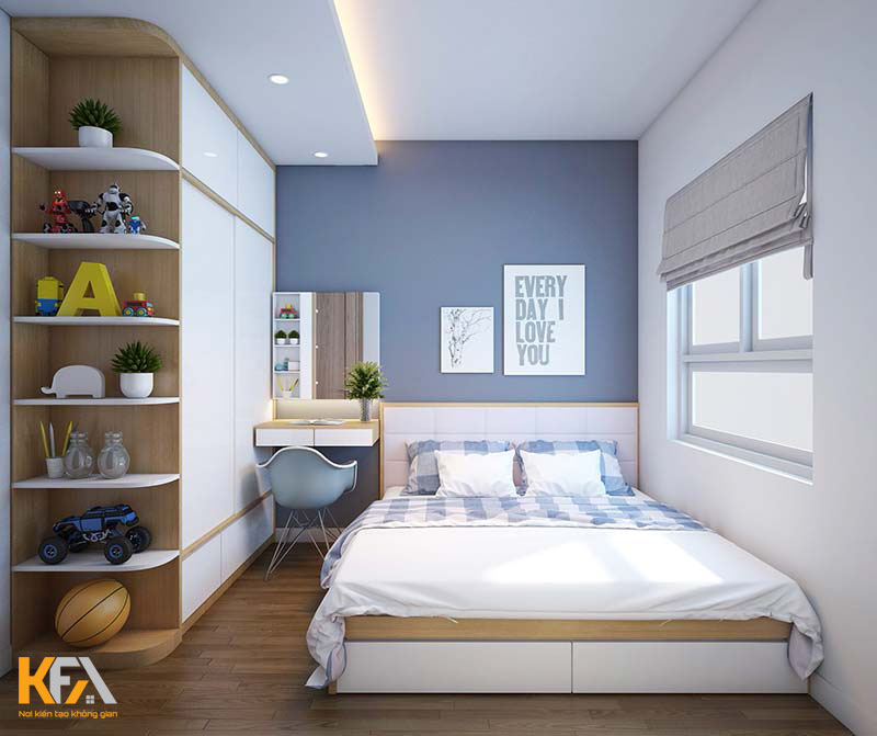Phòng ngủ màu trắng kết hợp mảng tường xanh tạo cảm giác tươi mát