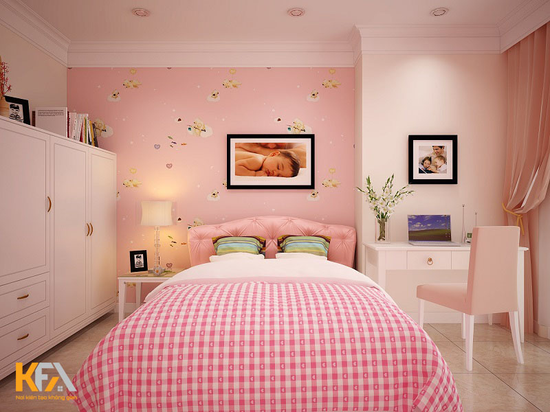 Phòng ngủ diện tích 12m2 màu hồng nhẹ nhàng