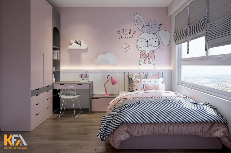 Phòng ngủ màu hồng cho trẻ em với hình dán chú thỏ dễ thương