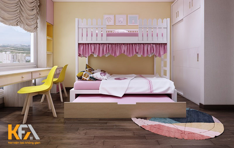Phòng ngủ màu hồng - vàng cho bé gái năng động