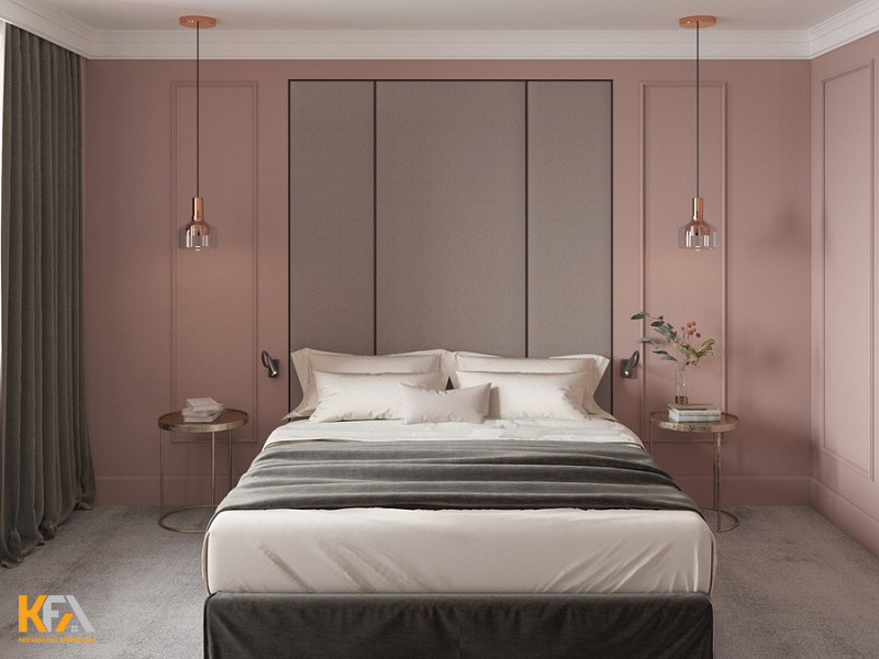 Phòng ngủ màu hồng sang trọng được kết hợp với tone màu xám hài hòa