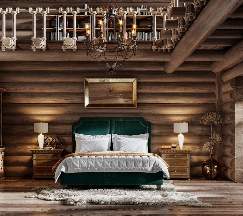 Phòng ngủ Rustic cổ điển được làm hoàn toàn từ chất liệu gỗ tự nhiên