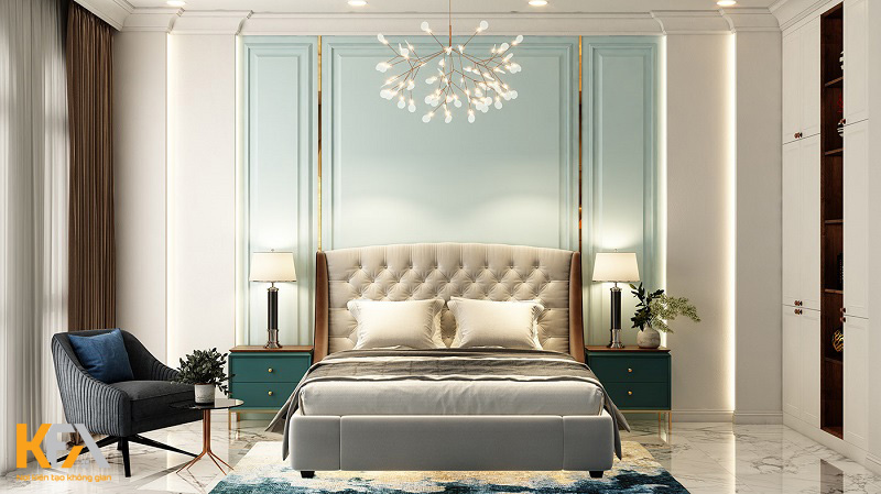 Thiết kế nội thất phòng ngủ màu xanh phong cách tân cổ điển