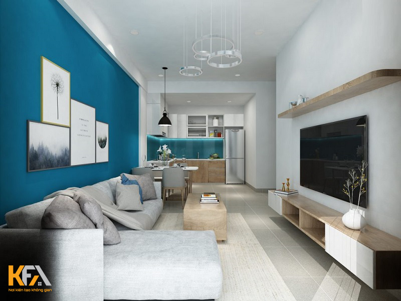 Nền tường màu xanh dương tạo cảm giác thoải mái và tươi mát cho không gian phòng khách