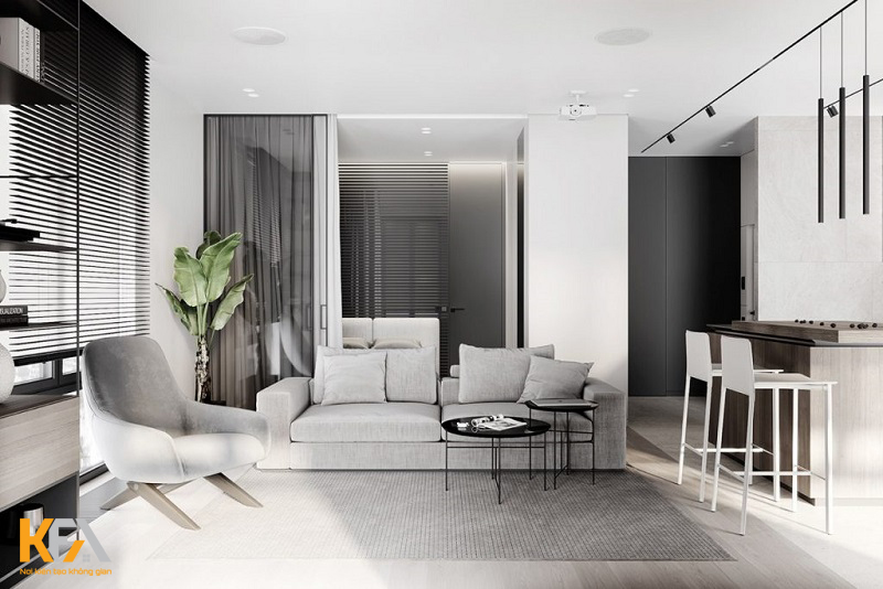 Không gian phòng khách được thiết kế phong cách tối giản với gam màu trung tính